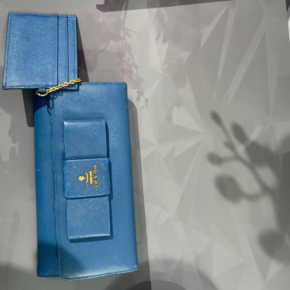 PRADA Blue Bow Saffiano Leather Wallet - Picture 16 of 17
